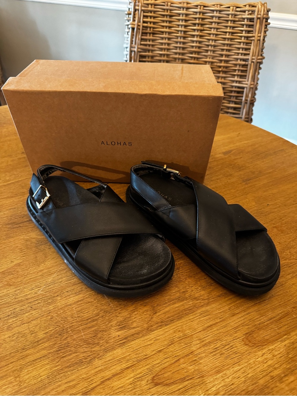 ALOHAS Black Crisscross Leather Slingback Sandals